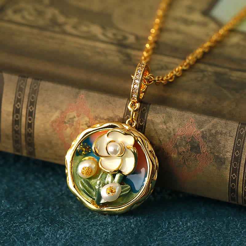 Fortune Jewel Retro Round Oil Painting Flower Design Copper Wealth Necklace Pendant