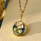 Fortune Jewel Retro Round Oil Painting Flower Design Copper Wealth Necklace Pendant