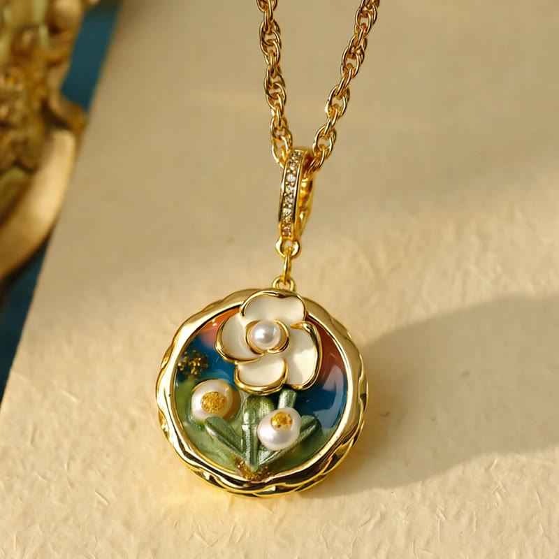 Fortune Jewel Retro Round Oil Painting Flower Design Copper Wealth Necklace Pendant