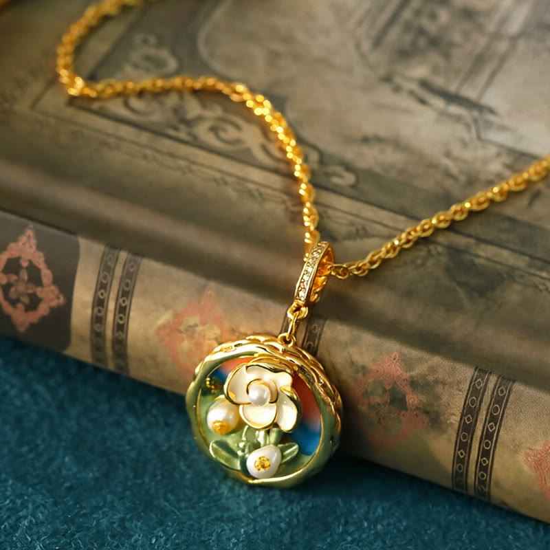 Fortune Jewel Retro Round Oil Painting Flower Design Copper Wealth Necklace Pendant