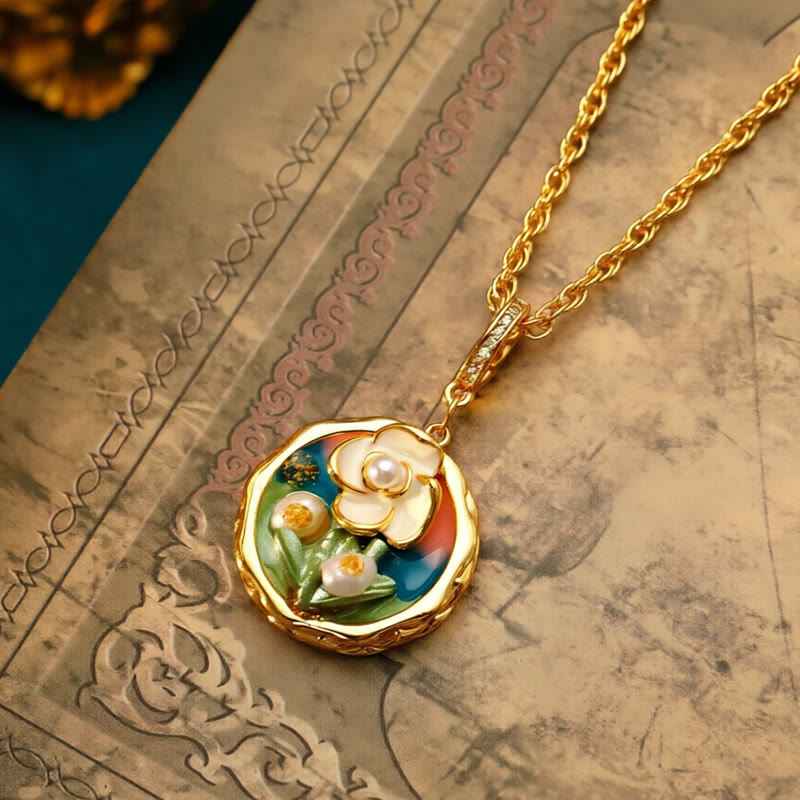 Fortune Jewel Retro Round Oil Painting Flower Design Copper Wealth Necklace Pendant