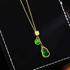 Fortune Jewel Gourd Green Agate Copper Inlaid Design Luck Necklace Pendant