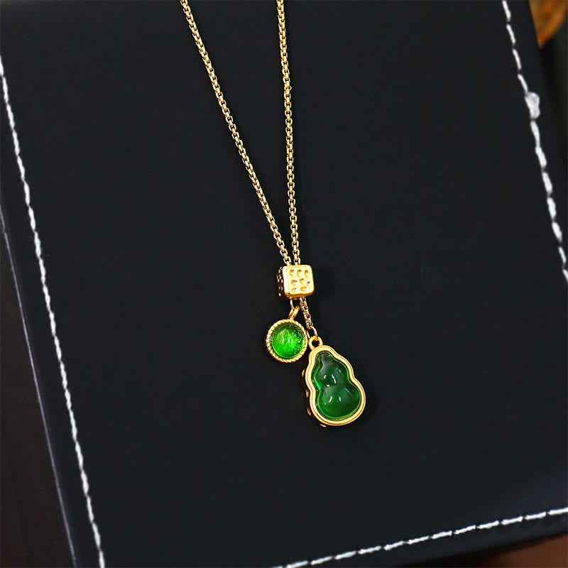 Fortune Jewel Gourd Green Agate Copper Inlaid Design Luck Necklace Pendant