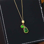 Fortune Jewel Gourd Green Agate Copper Inlaid Design Luck Necklace Pendant