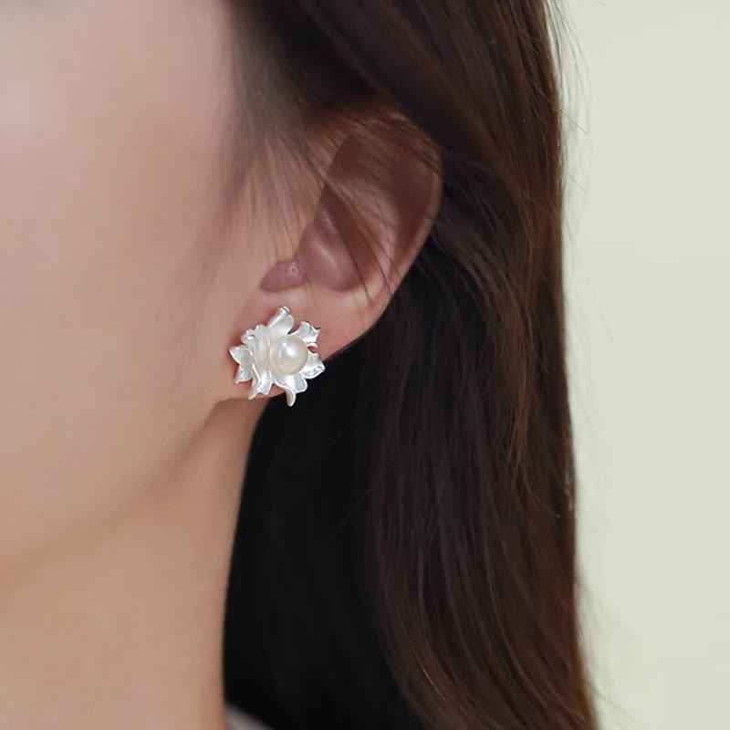 Fortune Jewel Natural Pearl Copper Flower Healing Stud Earrings