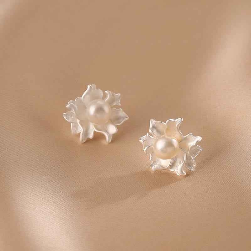 Fortune Jewel Natural Pearl Copper Flower Healing Stud Earrings