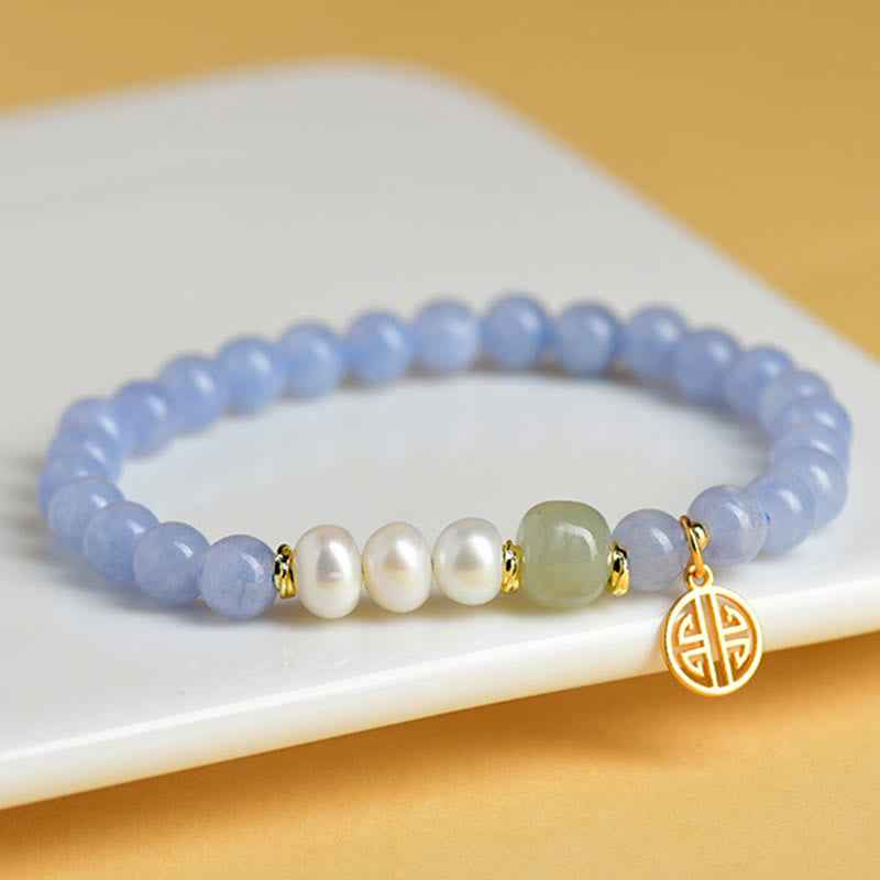 Fortune Jewel Blue Chalcedony Pearl Beads Energy Bracelet