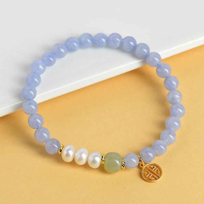 Fortune Jewel Blue Chalcedony Pearl Beads Energy Bracelet
