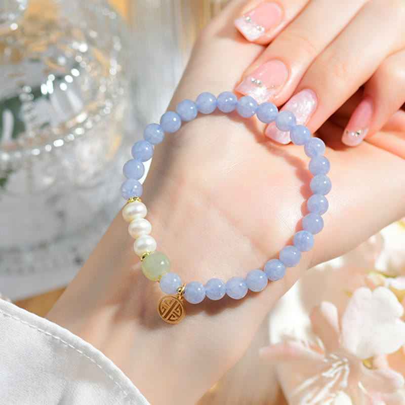 Fortune Jewel Blue Chalcedony Pearl Beads Energy Bracelet