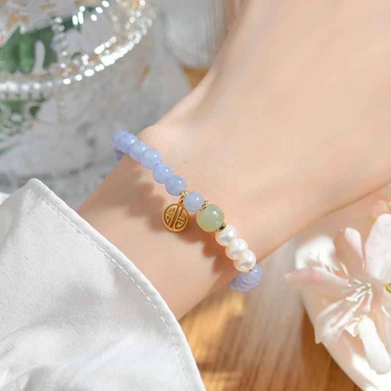 Fortune Jewel Blue Chalcedony Pearl Beads Energy Bracelet
