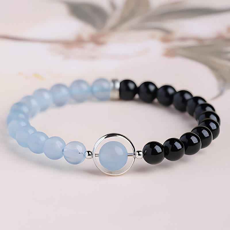 Fortune Jewel Aquamarine Black Obsidian Peace Purification Bracelet