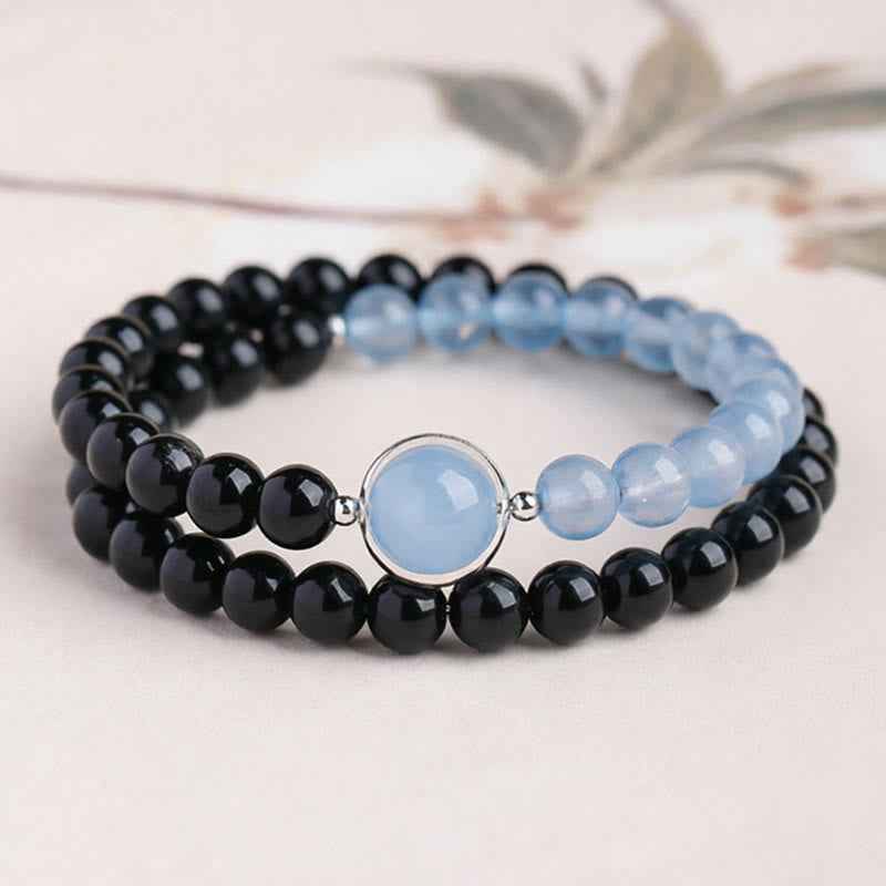 Fortune Jewel Aquamarine Black Obsidian Peace Purification Bracelet