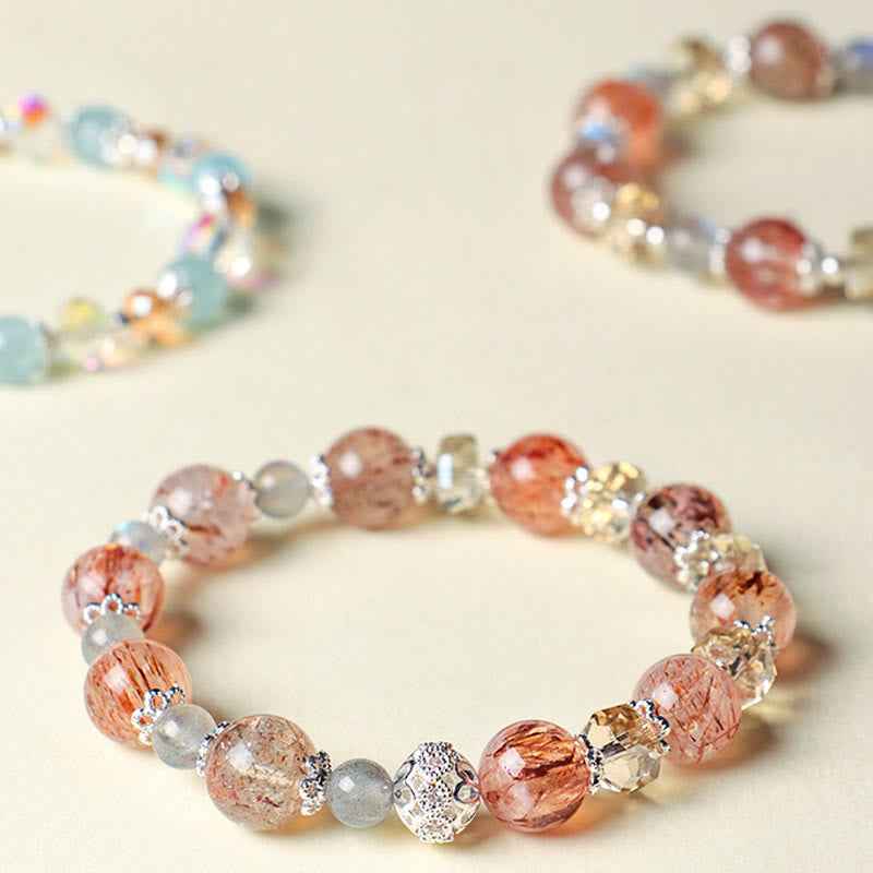 Fortune Jewel Natural Aquamarine Super Seven Crystal Sparkling Faceted Bead Peace Bracelet