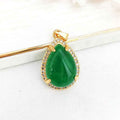 Fortune Jewel 925 Sterling Silver Chain Retro Green Agate Copper Teardrop Luck Wealth Necklace Pendant