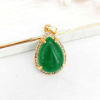 Fortune Jewel 925 Sterling Silver Chain Retro Green Agate Copper Teardrop Luck Wealth Necklace Pendant