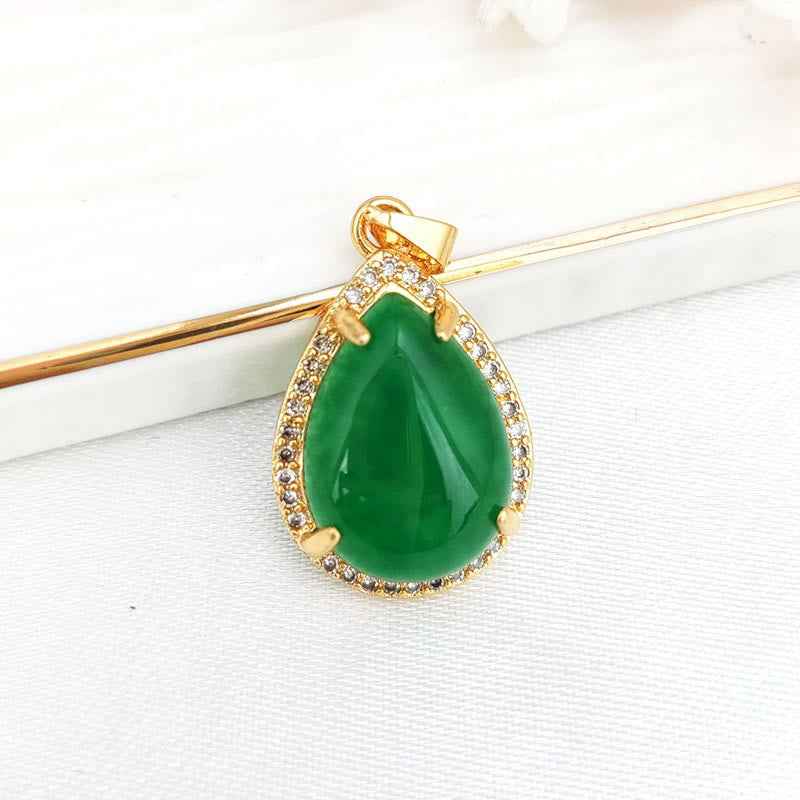 Fortune Jewel 925 Sterling Silver Chain Retro Green Agate Copper Teardrop Luck Wealth Necklace Pendant