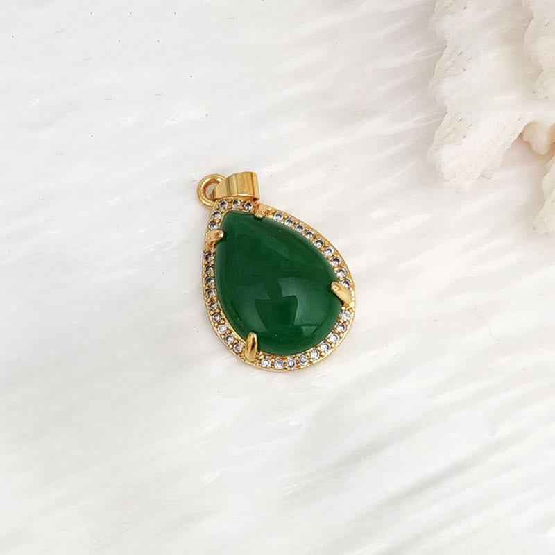 Fortune Jewel 925 Sterling Silver Chain Retro Green Agate Copper Teardrop Luck Wealth Necklace Pendant