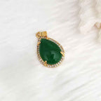 Fortune Jewel 925 Sterling Silver Chain Retro Green Agate Copper Teardrop Luck Wealth Necklace Pendant