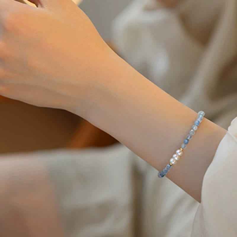 Fortune Jewel Natural Aquamarine Fine 4mm Bead Pearl Serenity Bracelet