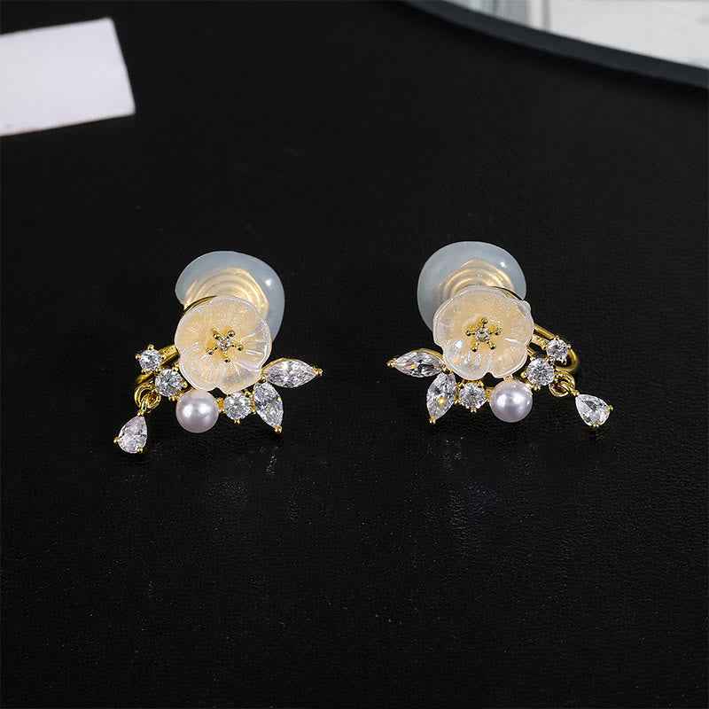 Fortune Jewel White Rose Flower Zircon Copper Luck Clip-on Stud Earrings