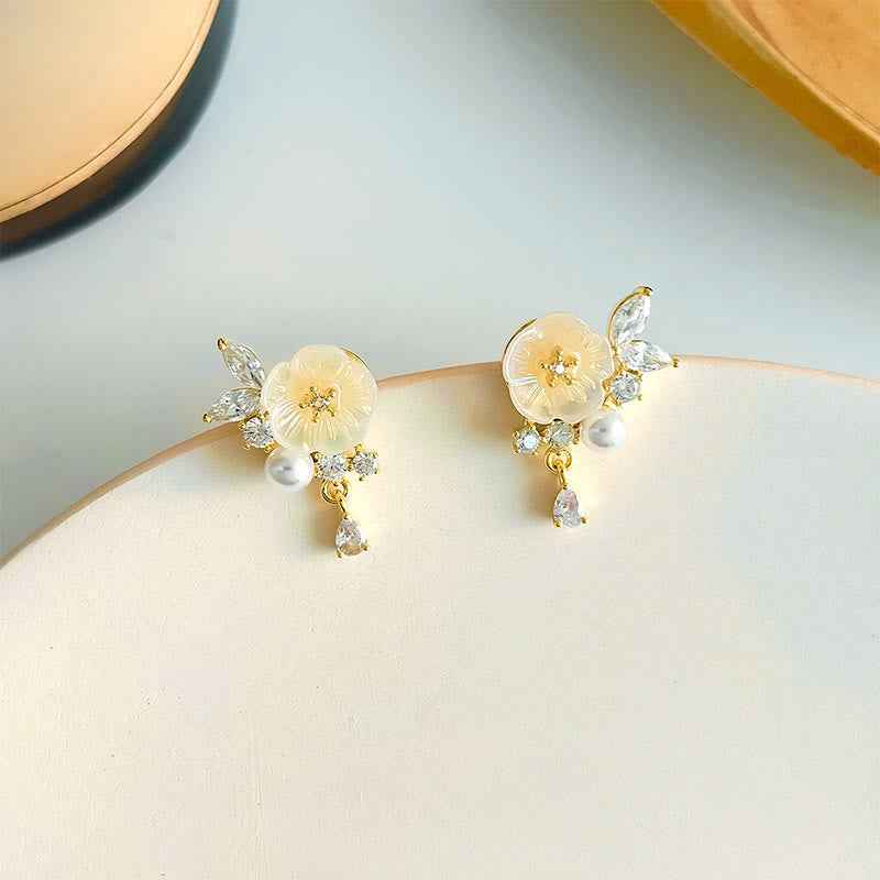 Fortune Jewel White Rose Flower Zircon Copper Luck Clip-on Stud Earrings