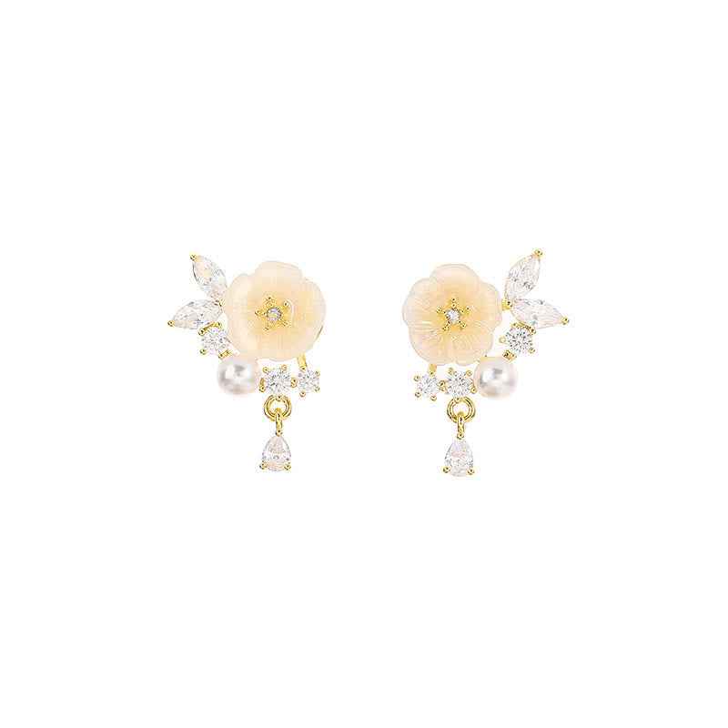 Fortune Jewel White Rose Flower Zircon Copper Luck Clip-on Stud Earrings
