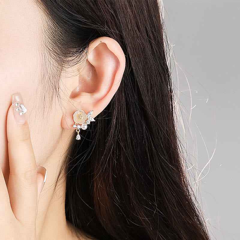 Fortune Jewel White Rose Flower Zircon Copper Luck Clip-on Stud Earrings