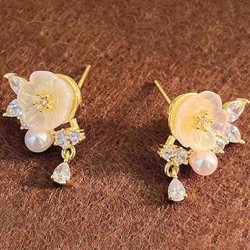Fortune Jewel White Rose Flower Zircon Copper Luck Clip-on Stud Earrings
