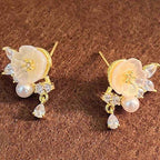 Fortune Jewel White Rose Flower Zircon Copper Luck Clip-on Stud Earrings