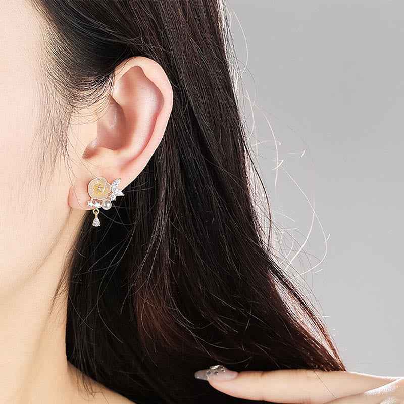 Fortune Jewel White Rose Flower Zircon Copper Luck Clip-on Stud Earrings