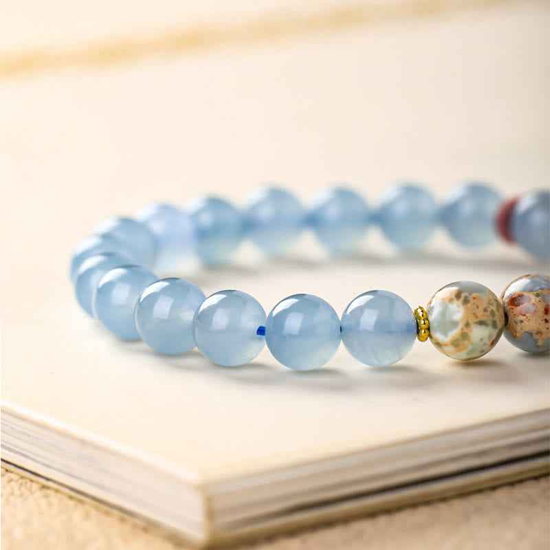 Fortune Jewel Blue Chalcedony Fu Character Cat Paw Healing Bracelet