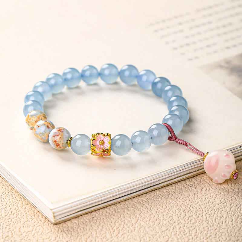 Fortune Jewel Blue Chalcedony Fu Character Cat Paw Healing Bracelet