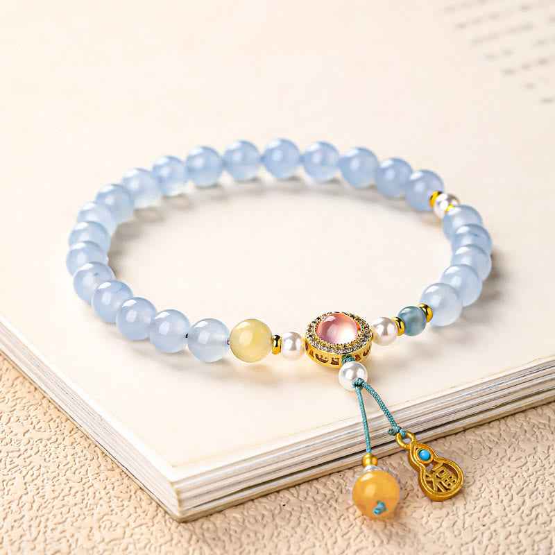 Fortune Jewel Blue Chalcedony Fu Character Cat Paw Healing Bracelet
