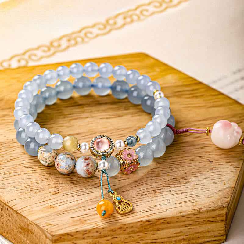 Fortune Jewel Blue Chalcedony Fu Character Cat Paw Healing Bracelet