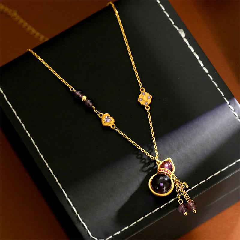 Fortune Jewel Gourd Tassel Amethyst Copper Chain Meditation Necklace Pendant