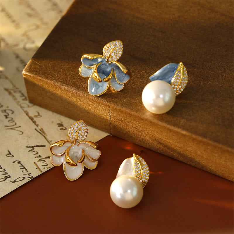 Fortune Jewel Camellia Flower Zircon Copper Luck Stud Earrings