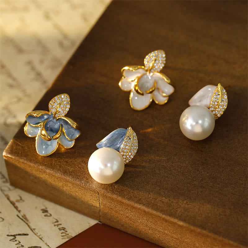 Fortune Jewel Camellia Flower Zircon Copper Luck Stud Earrings