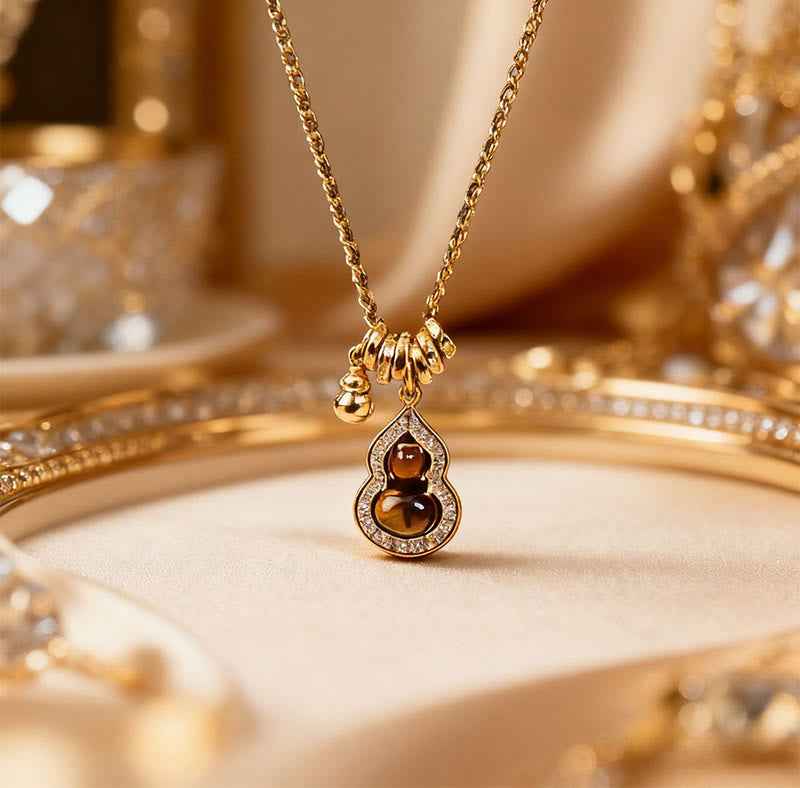 Fortune Jewel Double Gourd Tiger Eye Copper Plated Gold Strength Necklace Pendant