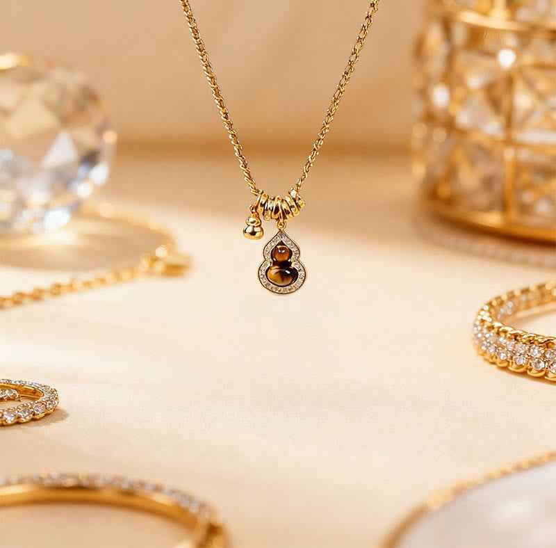 Fortune Jewel Double Gourd Tiger Eye Copper Plated Gold Strength Necklace Pendant