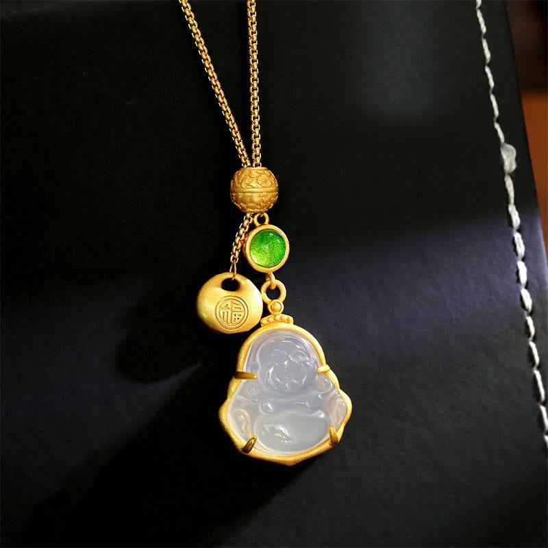 Fortune Jewel Fu Character Laughing Buddha Chalcedony Copper Fortune Necklace Pendant