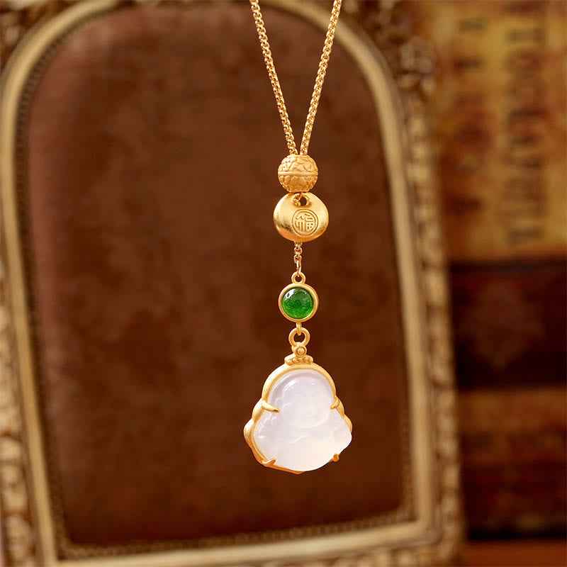 Fortune Jewel Fu Character Laughing Buddha Chalcedony Copper Fortune Necklace Pendant