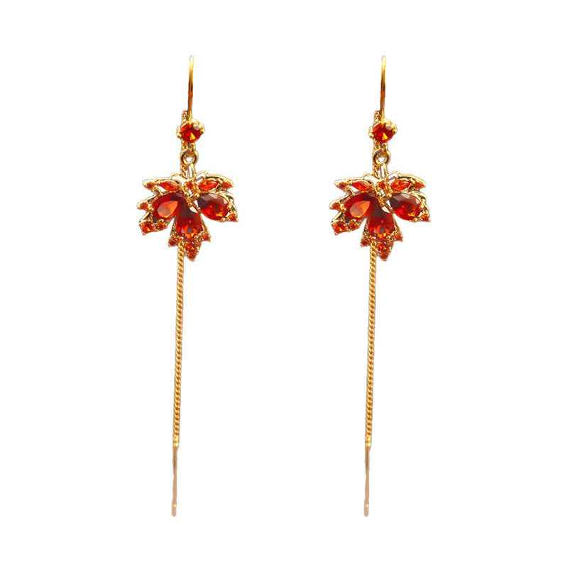Fortune Jewel Maple Leaf Red Zircon Copper Luck Drop Dangle Earrings