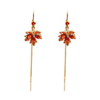 Fortune Jewel Maple Leaf Red Zircon Copper Luck Drop Dangle Earrings