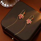 Fortune Jewel Maple Leaf Red Zircon Copper Luck Drop Dangle Earrings