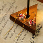 Fortune Jewel Maple Leaf Red Zircon Copper Luck Drop Dangle Earrings