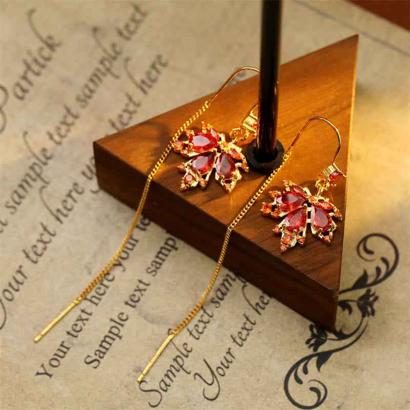 Fortune Jewel Maple Leaf Red Zircon Copper Luck Drop Dangle Earrings