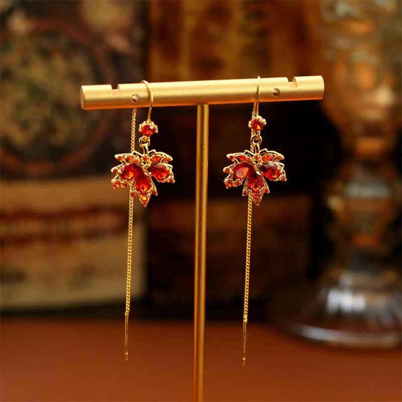 Fortune Jewel Maple Leaf Red Zircon Copper Luck Drop Dangle Earrings