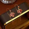 Fortune Jewel Maple Leaf Red Zircon Copper Luck Drop Dangle Earrings