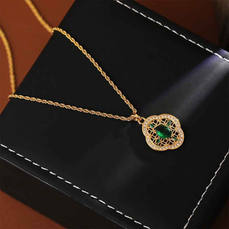Fortune Jewel Four Leaf Clover Hollow Design Copper Plated Gold Chain Luck Necklace Pendant