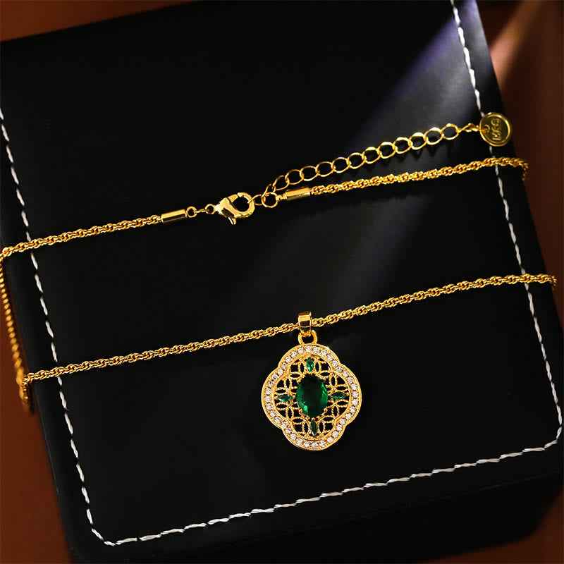 Fortune Jewel Four Leaf Clover Hollow Design Copper Plated Gold Chain Luck Necklace Pendant